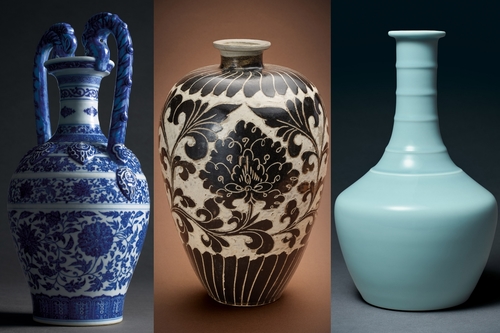 清 青花人物紋長頸瓶 大明成化年制款 共箱 中国