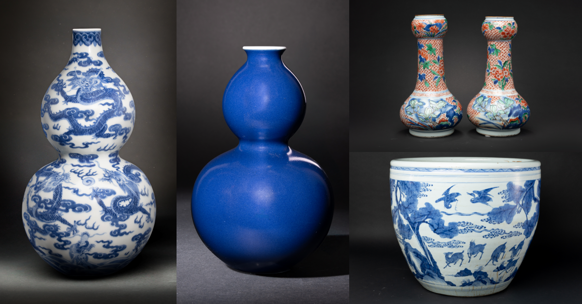 雍正霽藍釉、嘉慶青花葫蘆瓶列陣Woolley and Wallis威立士亞洲藝術精品