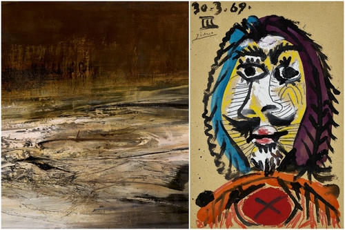 佳士得上海首拍十周年庆典赵无极「狂草」抽象画《16.02.64》、毕加索