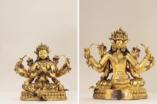 【御泓】古佛像 古工芸 唐物 古物 中国古美術 銅製金塗 清時代 黄財神 佛教 精美品 古董品 旧蔵 蔵出 傳世家珍 聚寶齋*清*古銅製*流金*藏傳仏像*蓮花生大師像供養品 置物 古賞物