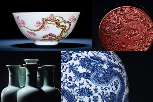 大清雍正年製 緑釉雲龍紋碗 五爪龍 A very rare yellow-ground green-enamelled 'dragon' vase