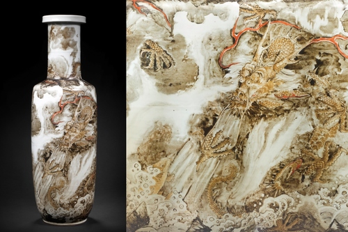 ※中国古美術/黃泥松鶴紋隻龍耳瓶/ 中国古美術/黃泥松鶴紋隻龍耳瓶/