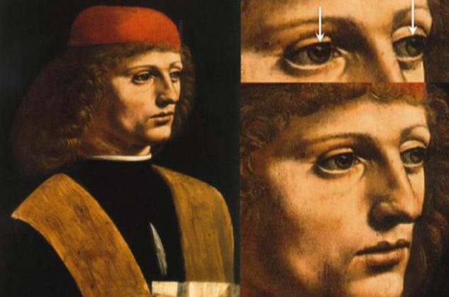 上图为《施洗者约翰》泰勒分析《救世主》中主角眼睛,推测他左眼有外